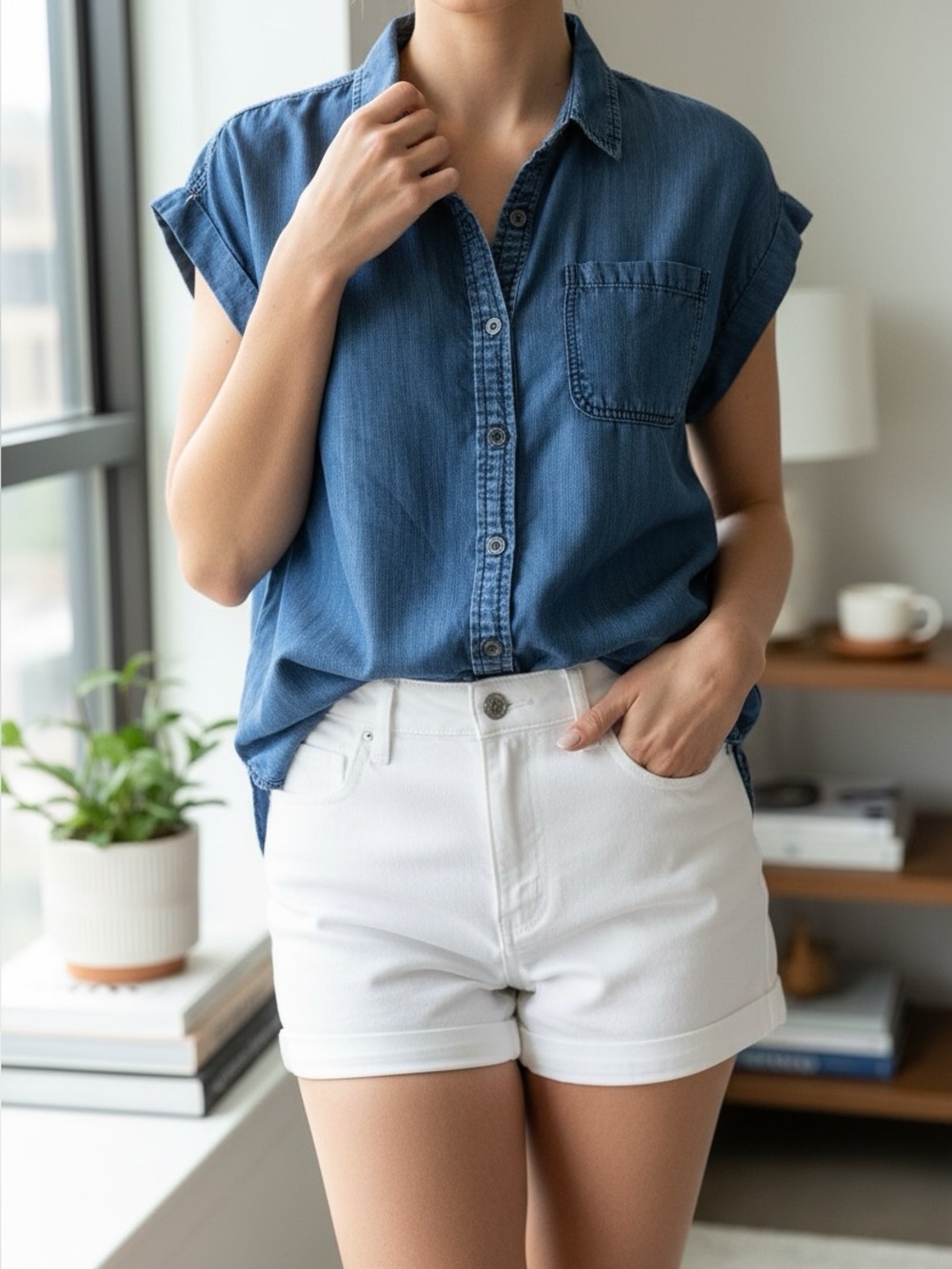 JORDACHE Denim Style Cap Sleeved Button Down Blouse